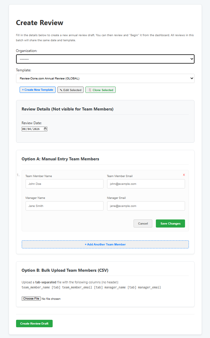 Creating a new review on review-done.com